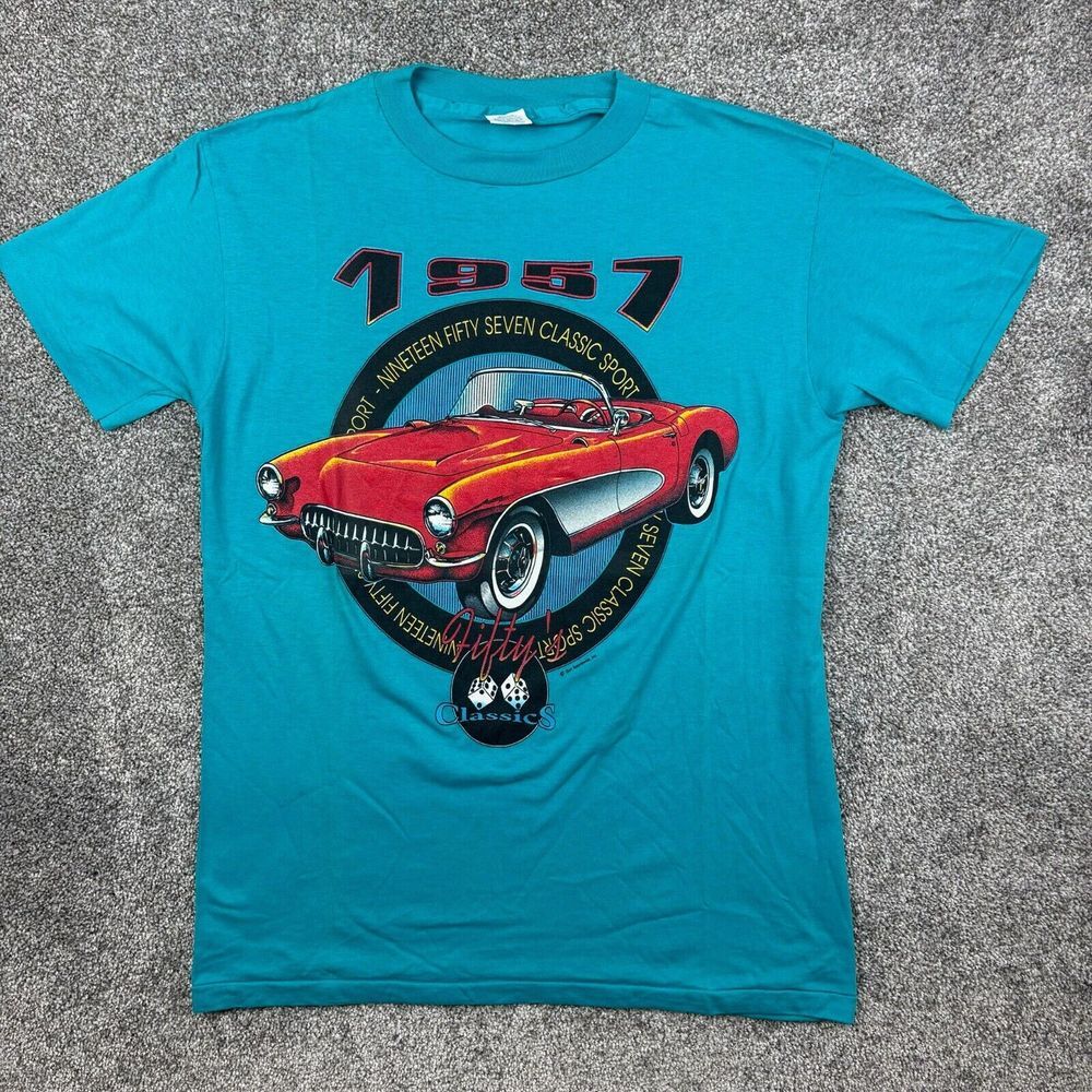 Vintage 1957 Chevrolet Corvette Shirt Mens Large Blue Teal Classic Cars Chevy